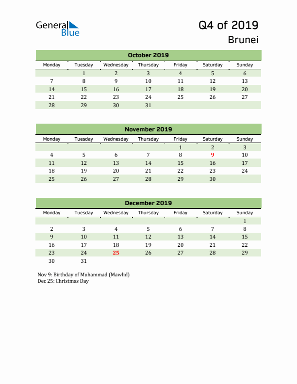 Quarterly Calendar 2019 with Brunei Holidays