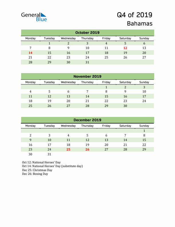 Quarterly Calendar 2019 with Bahamas Holidays