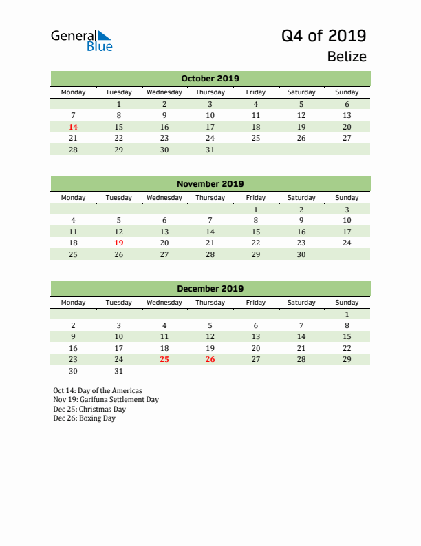 Quarterly Calendar 2019 with Belize Holidays