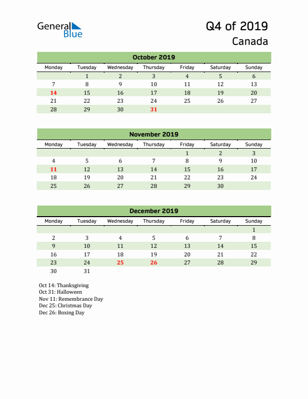Quarterly Calendar 2019 with Canada Holidays