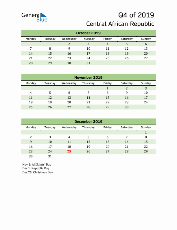 Quarterly Calendar 2019 with Central African Republic Holidays