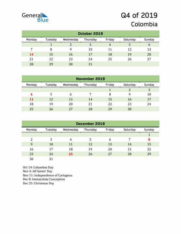 Quarterly Calendar 2019 with Colombia Holidays