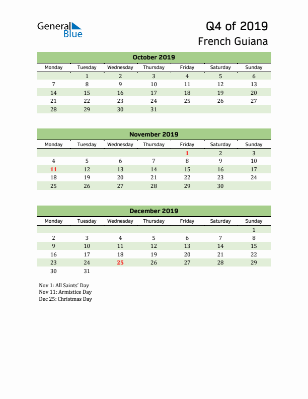 Quarterly Calendar 2019 with French Guiana Holidays