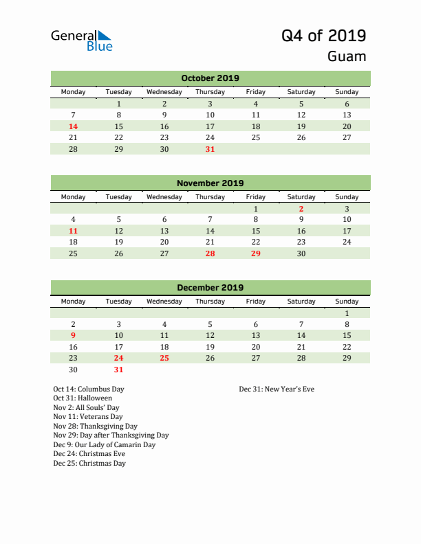 Quarterly Calendar 2019 with Guam Holidays