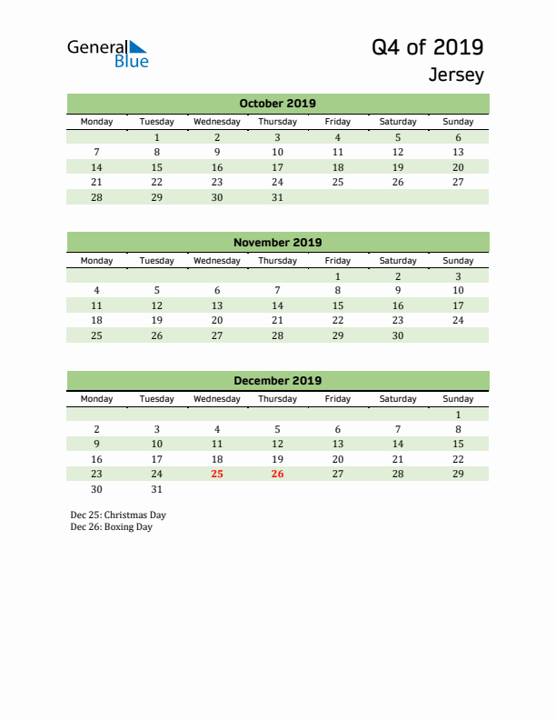 Quarterly Calendar 2019 with Jersey Holidays