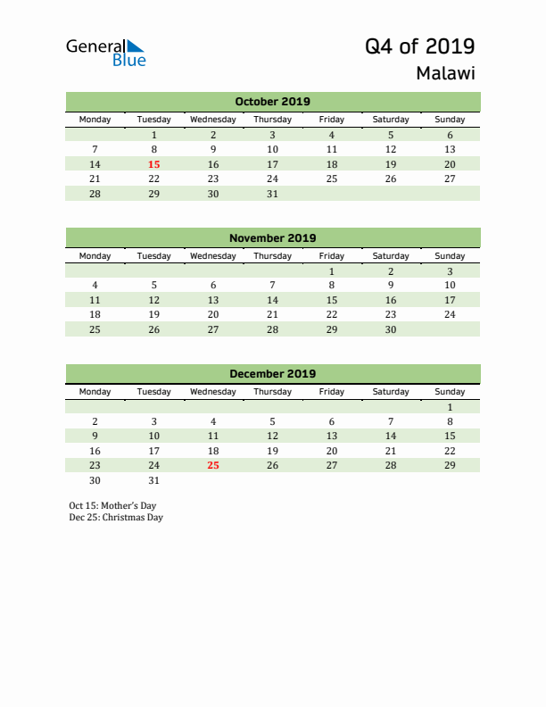 Quarterly Calendar 2019 with Malawi Holidays
