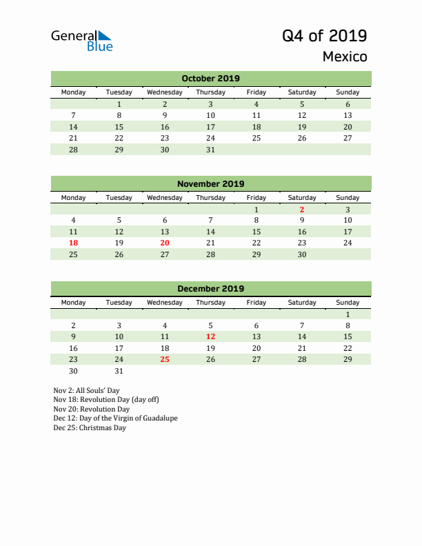 Quarterly Calendar 2019 with Mexico Holidays