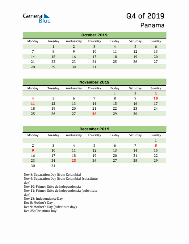 Quarterly Calendar 2019 with Panama Holidays