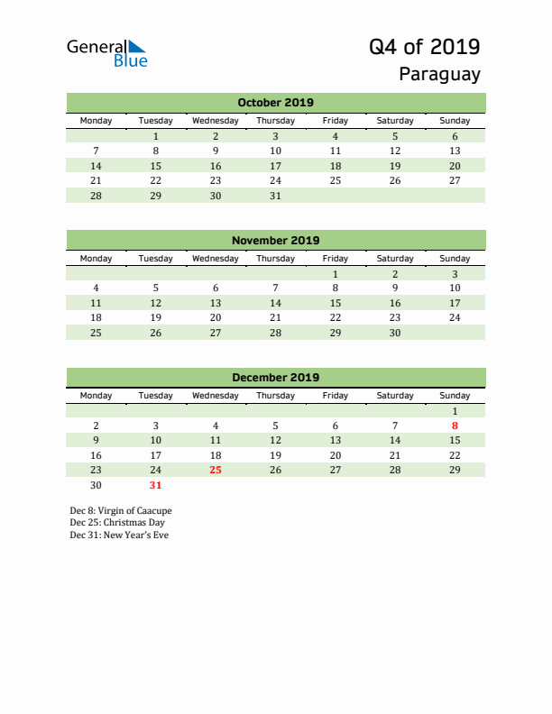 Quarterly Calendar 2019 with Paraguay Holidays