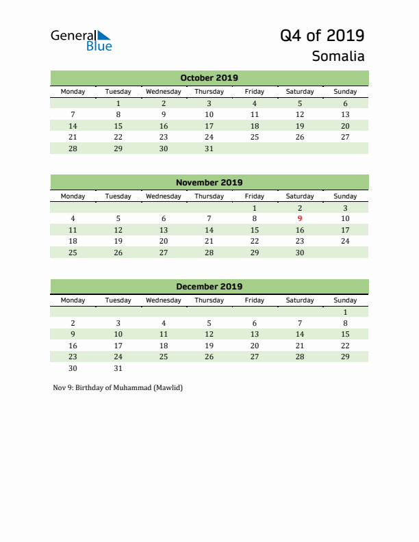 Quarterly Calendar 2019 with Somalia Holidays