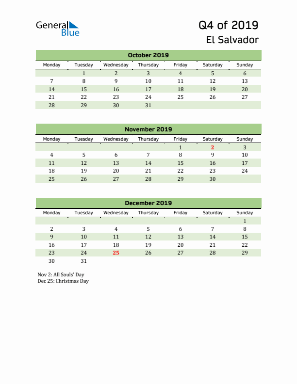 Quarterly Calendar 2019 with El Salvador Holidays