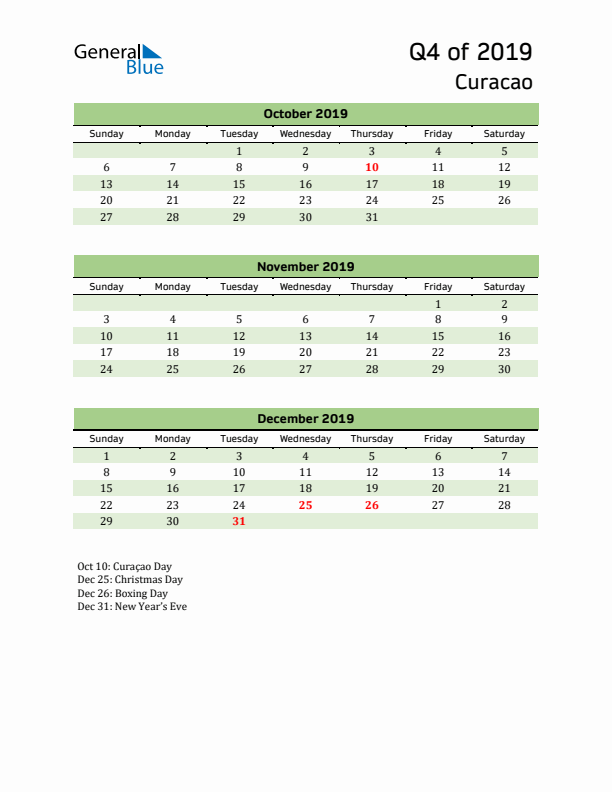 Quarterly Calendar 2019 with Curacao Holidays