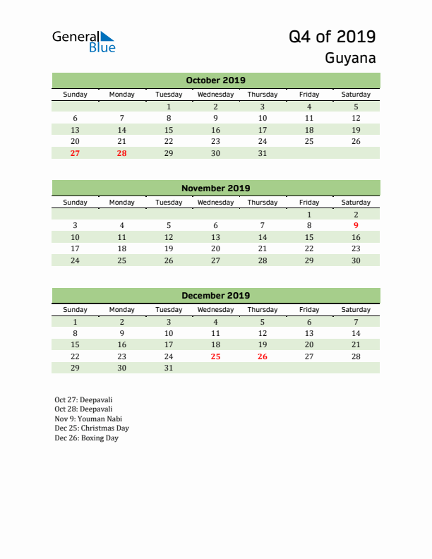 Quarterly Calendar 2019 with Guyana Holidays