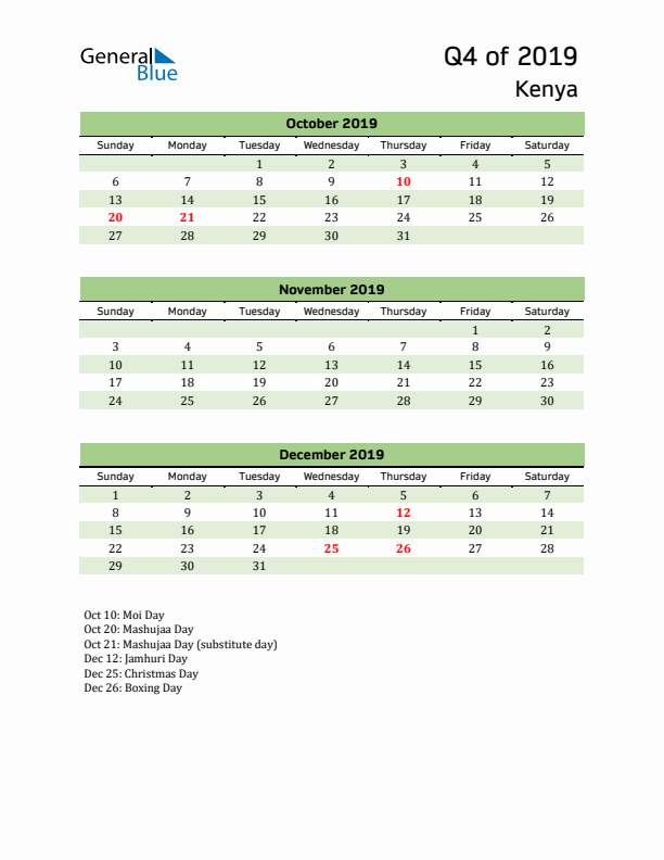 Quarterly Calendar 2019 with Kenya Holidays