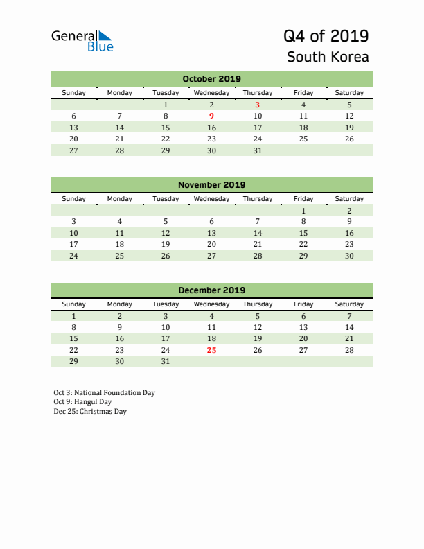 Quarterly Calendar 2019 with South Korea Holidays