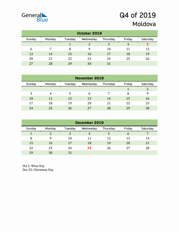 Quarterly Calendar 2019 with Moldova Holidays