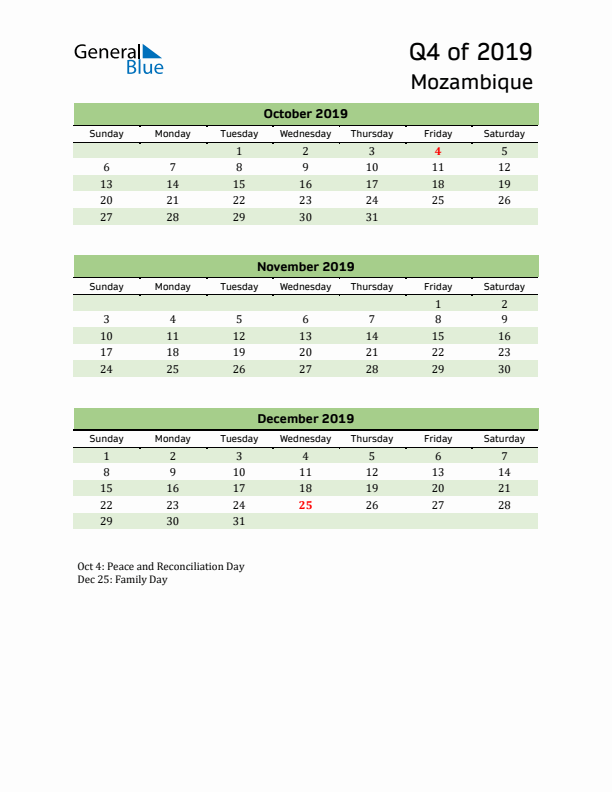 Quarterly Calendar 2019 with Mozambique Holidays