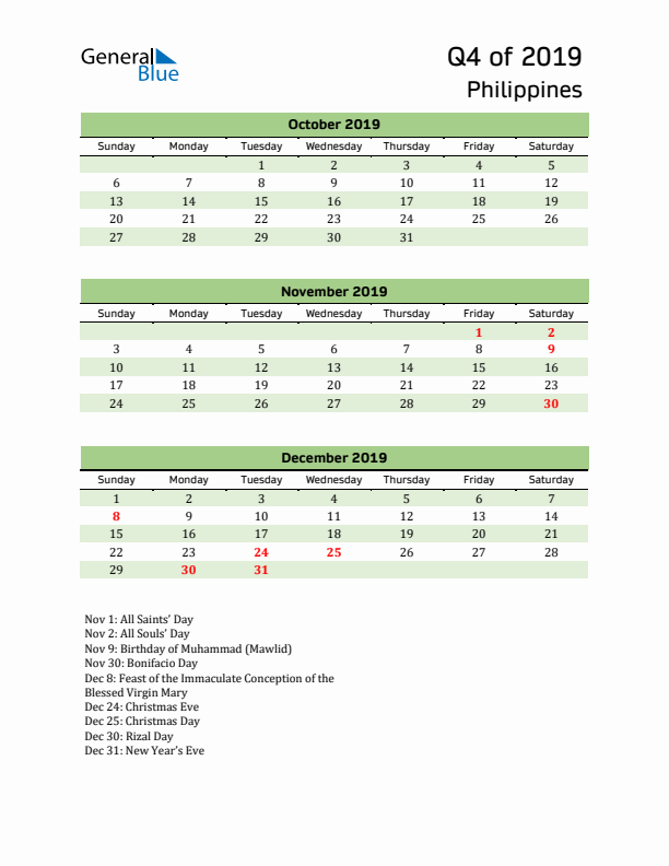 Quarterly Calendar 2019 with Philippines Holidays