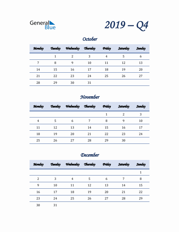 Monday Start 2019 Quarterly Calendar