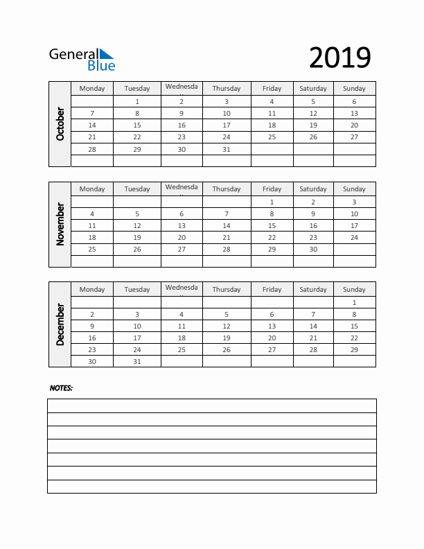 Q4 2019 Calendar with Notes
