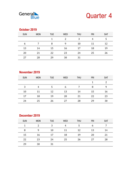 Three-Month Printable Calendar 2019
