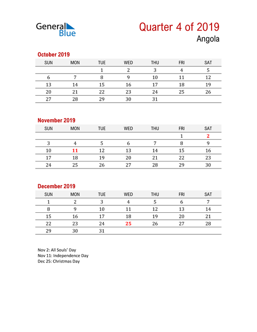  Printable Three Month Calendar for Angola