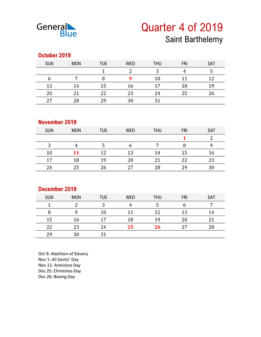  Printable Three Month Calendar for Saint Barthelemy