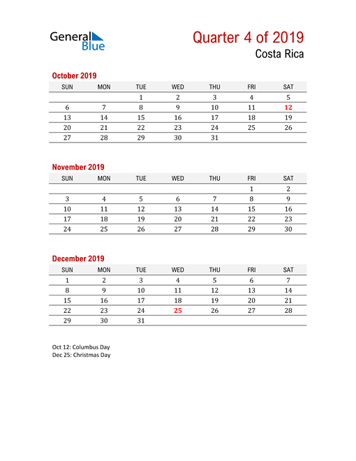  Printable Three Month Calendar for Costa Rica