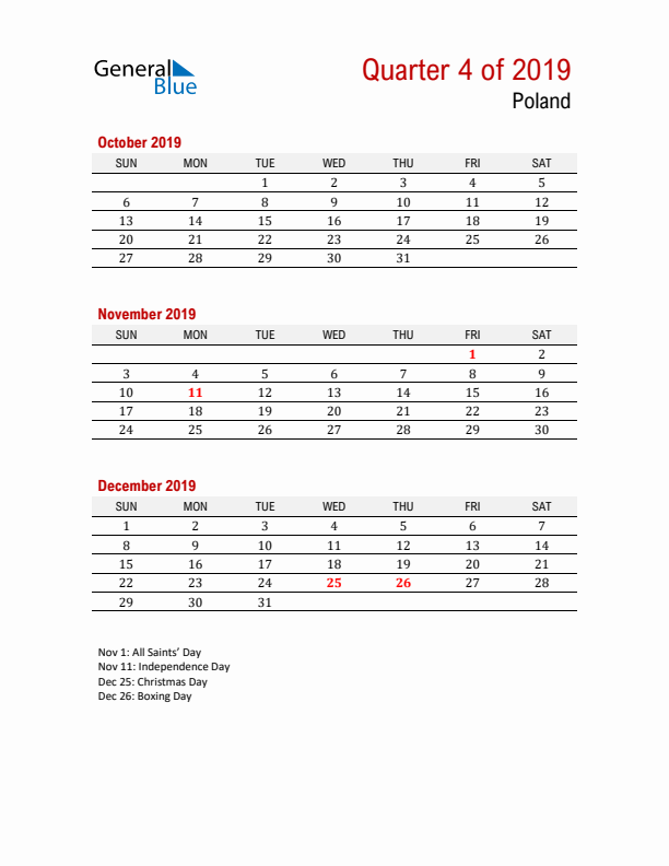 Printable Three Month Calendar with Poland Holidays