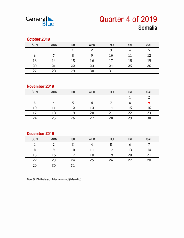 Printable Three Month Calendar with Somalia Holidays
