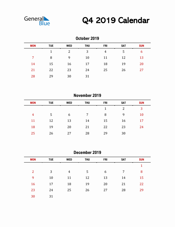 2019 Q4 Calendar with Red Weekend