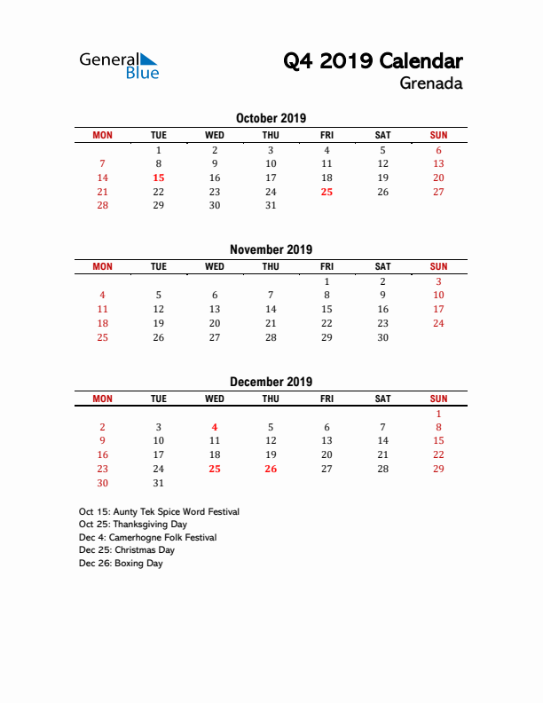 2019 Q4 Calendar with Holidays List for Grenada