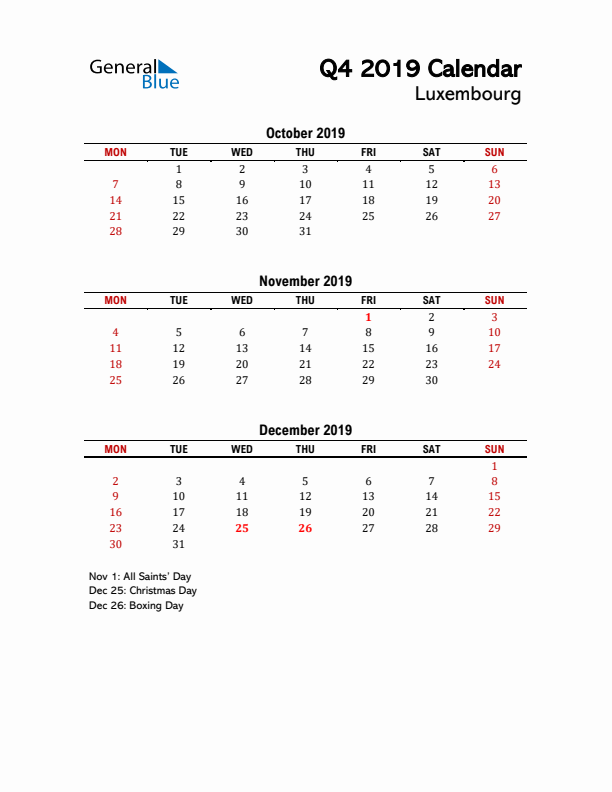 2019 Q4 Calendar with Holidays List for Luxembourg