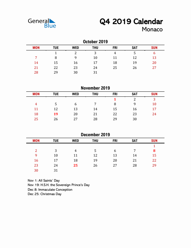 2019 Q4 Calendar with Holidays List for Monaco