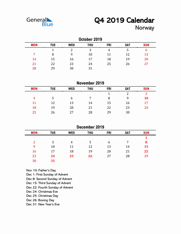 2019 Q4 Calendar with Holidays List for Norway