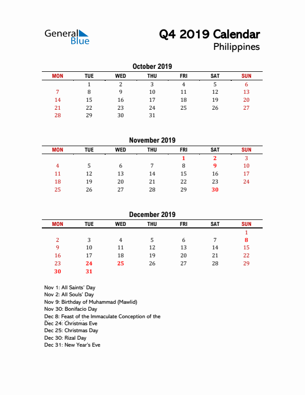 2019 Q4 Calendar with Holidays List for Philippines