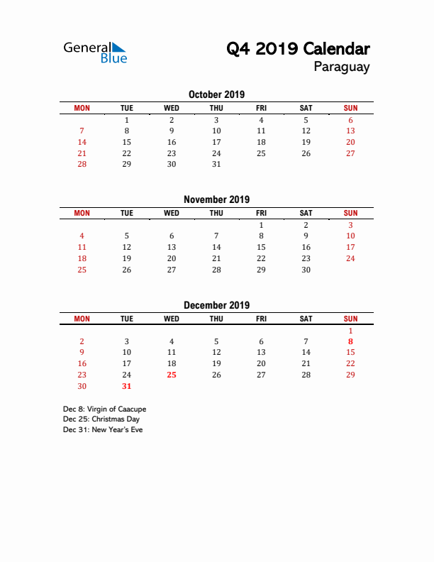 2019 Q4 Calendar with Holidays List for Paraguay