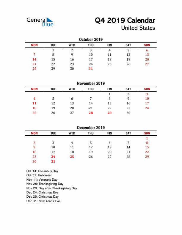 2019 Q4 Calendar with Holidays List for United States