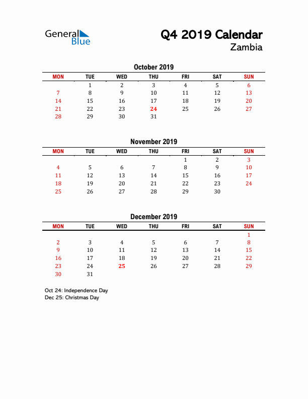 2019 Q4 Calendar with Holidays List for Zambia