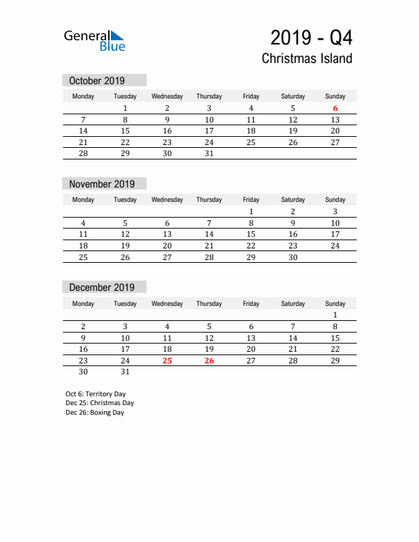 Christmas Island Quarter 4 2019 Calendar with Holidays