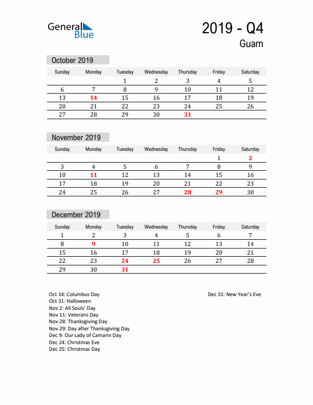 Guam Quarter 4 2019 Calendar with Holidays