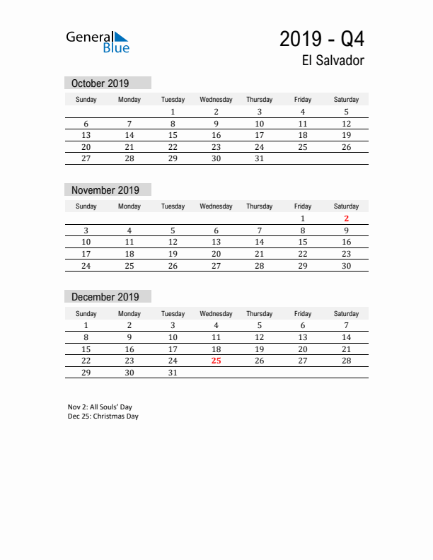 El Salvador Quarter 4 2019 Calendar with Holidays