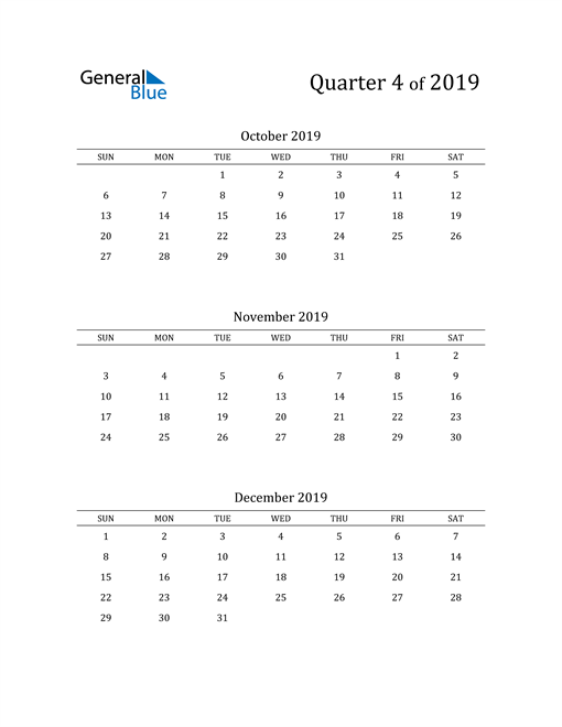  2019 Three-Month Calendar
