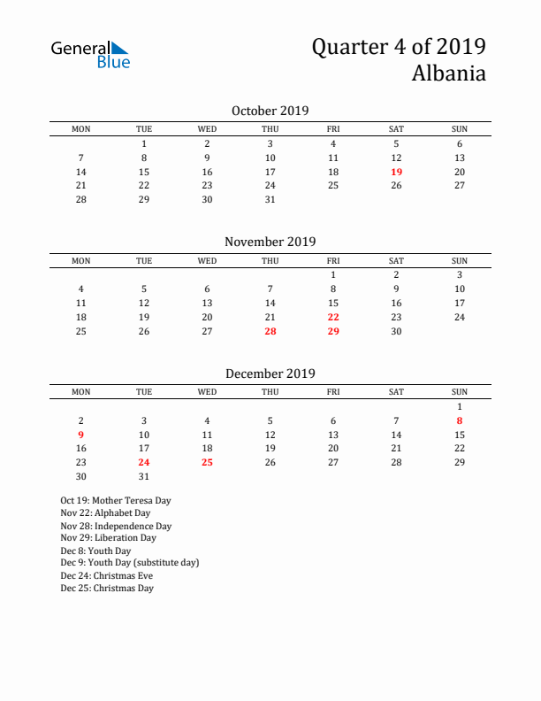 Quarter 4 2019 Albania Quarterly Calendar