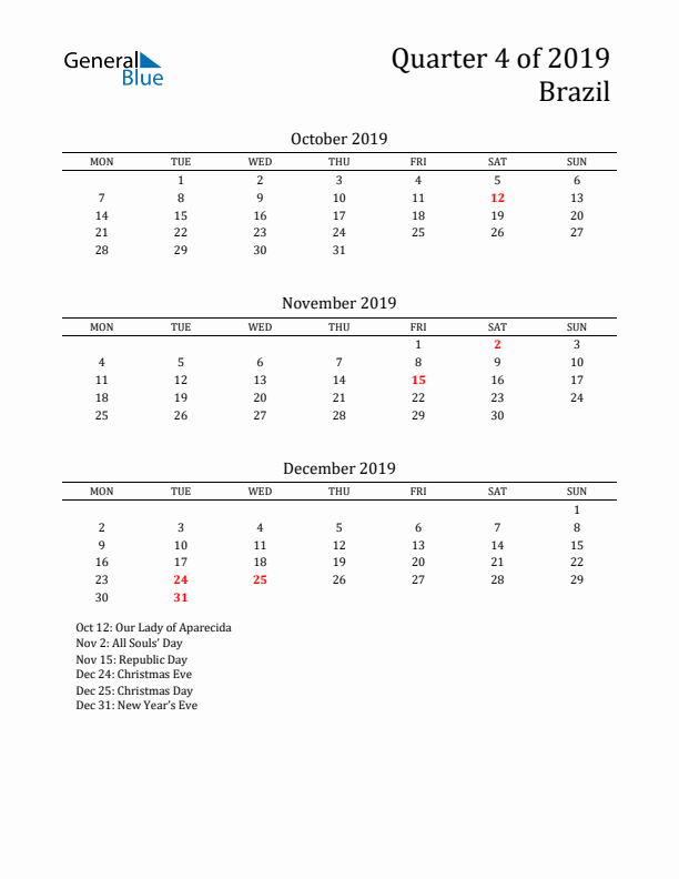 Quarter 4 2019 Brazil Quarterly Calendar