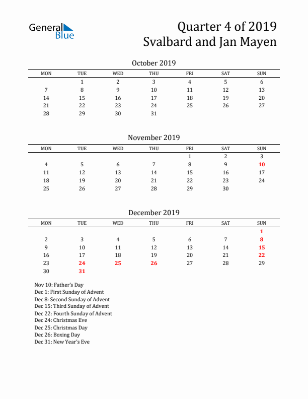 Quarter 4 2019 Svalbard and Jan Mayen Quarterly Calendar