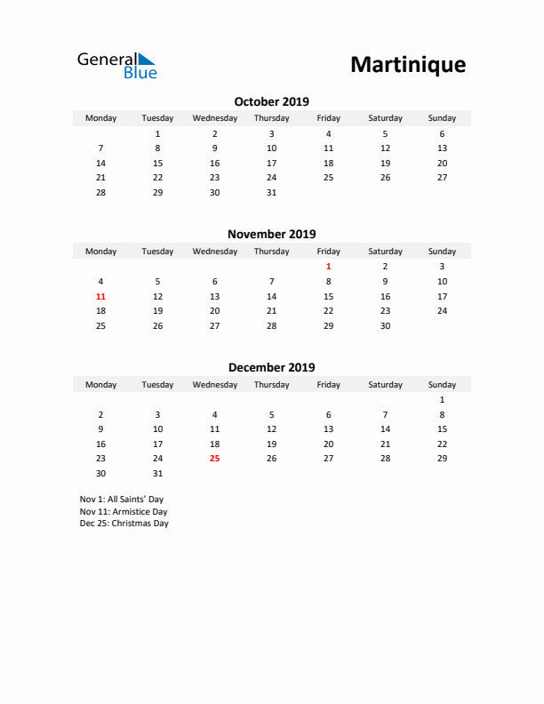 Printable Quarterly Calendar with Notes and Martinique Holidays- Q4 of 2019