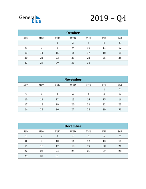  October, November, and December 2019 Calendar