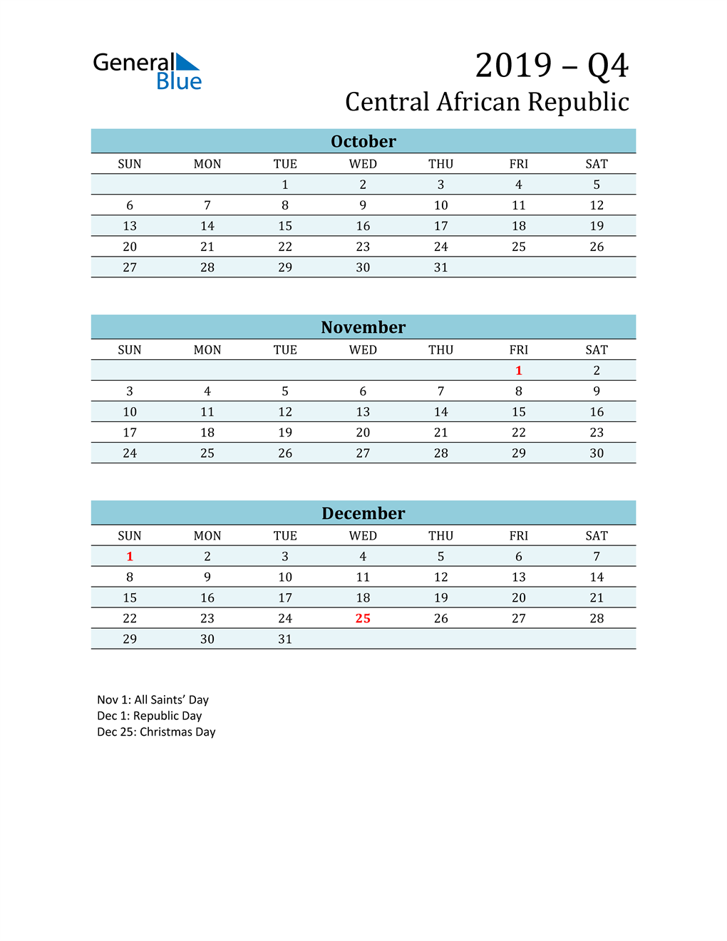  Three-Month Planner for Q4 2019 with Holidays