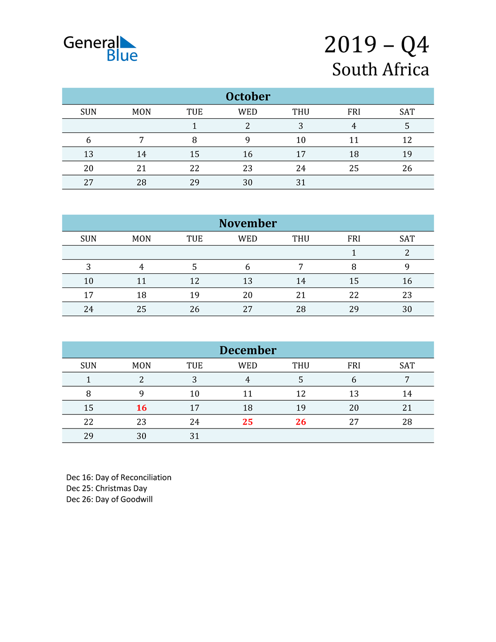  Three-Month Planner for Q4 2019 with Holidays